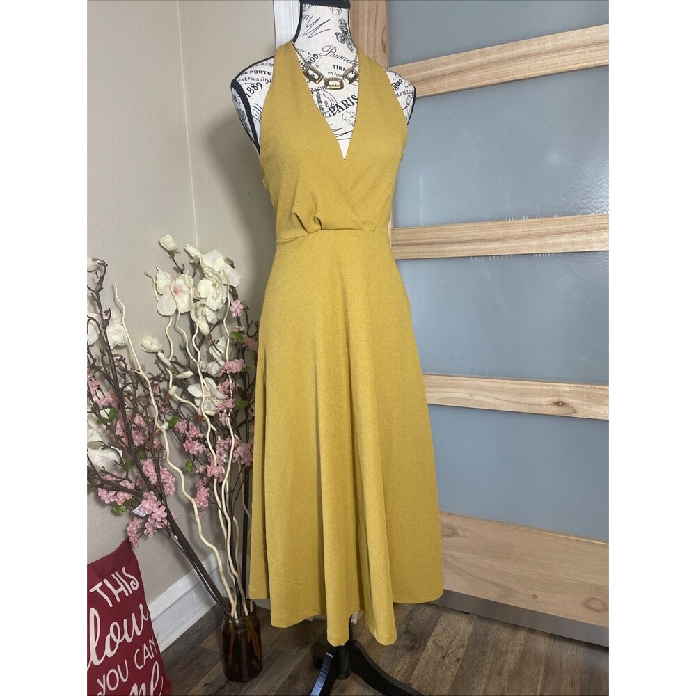 Zara Halter Midi Dress Womens Small Mustard Open Back Fit Flare NWT